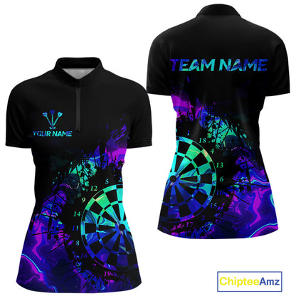 Blue Holographic Dartboard Grunge Darts 1/4-Zip  Shirts For Women Custom Name For Darters NYN2706