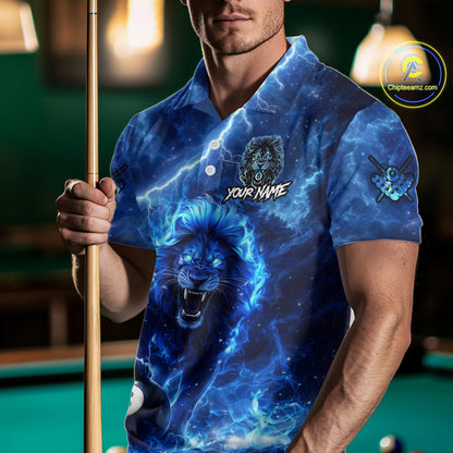Personalized Billiards Shirt Blue Flames Lion 8 Ball Pool For Men Billiard Jersey Customized Name NYN2860