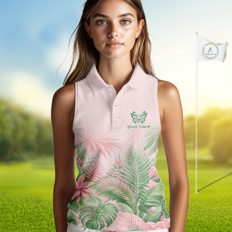 Personalized Green And Pink Tropical Pattern Custom Golf Sleeveless Polo Shirt For Women Golf Team Clothes NYN2864