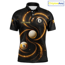 Load image into Gallery viewer, Black and Yellow Galaxy men's billiard polo shirt custom 8 ball 9 ball pool jersey, personalized billiards team apparel