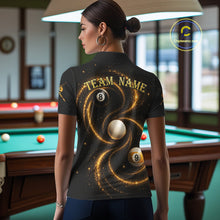 Load image into Gallery viewer, Female pool player wearing Black and Yellow Galaxy 8 ball 9 ball billiard jersey during league and tournament competition