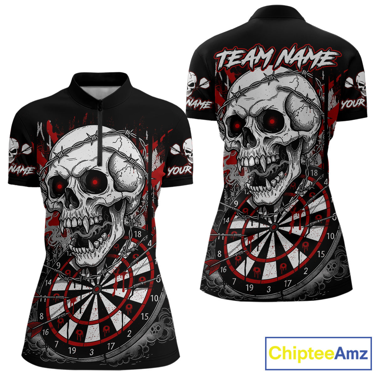 Custom Red Grey Skull Barbed Wire Dartboard Grunge Darts Quarter-Zip Shirt For Women Dart Gifts NYN1968