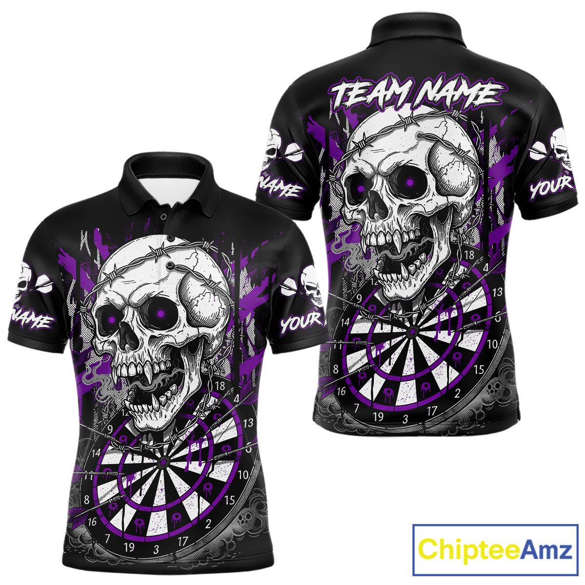 Custom Purple Grey Skull Barbed Wire Dartboard Grunge Darts Quarter-Zip Shirt For Men Dart Gifts NYN1969