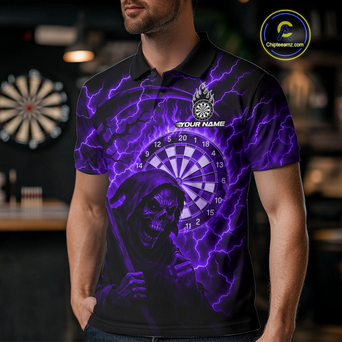 Custom Lightning Purple Grim Reaper Men Dart Polo Shirt Flames Dart Tournament Jersey NYN1447