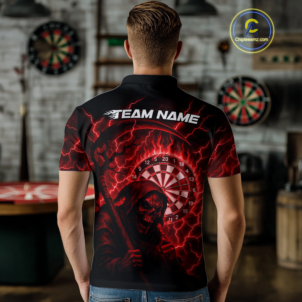 Custom Lightning Red Grim Reaper Men Dart Polo Shirt Flames Dart Tournament Jersey NYN1448