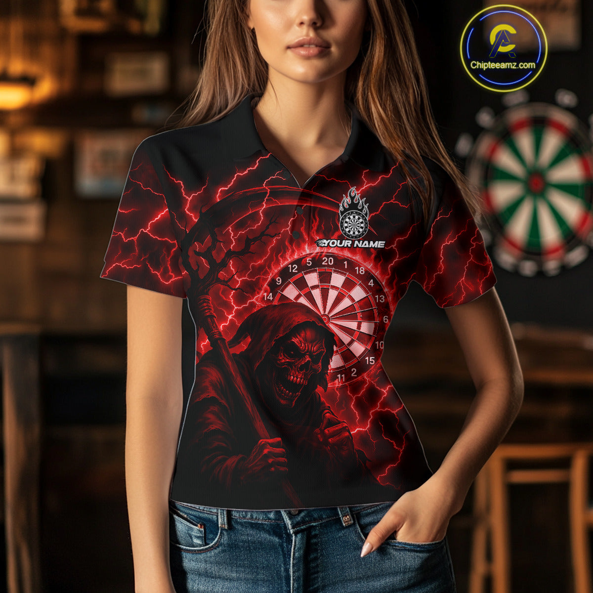 Custom Lightning Red Grim Reaper Women Dart Polo Shirt Flames Dart Tournament Jersey NYN1448
