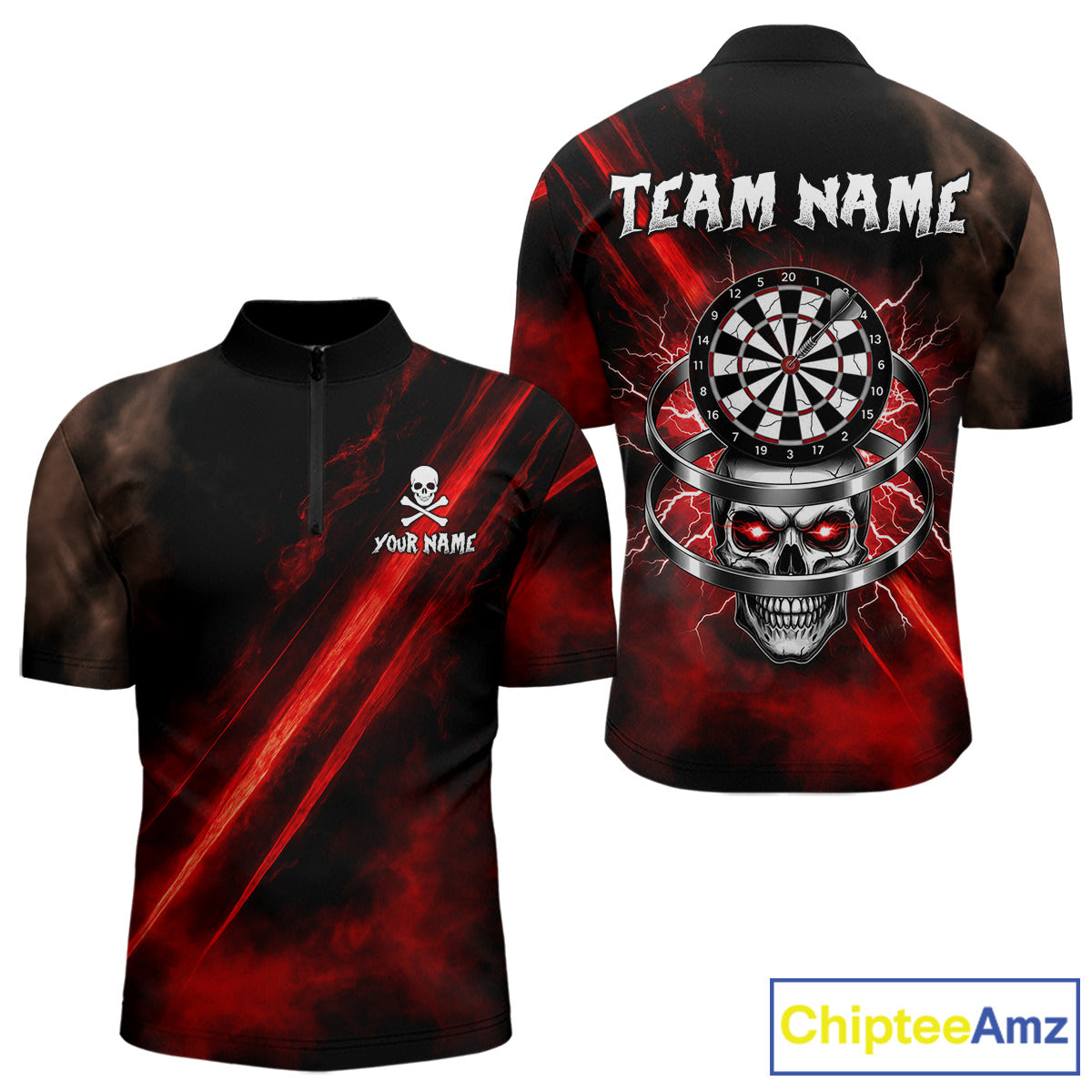 Custom Silver Skull Dartboard Lightning Red Dart Men 1/4-Zip Jerseys Outfits Dart Shirt NYN1710