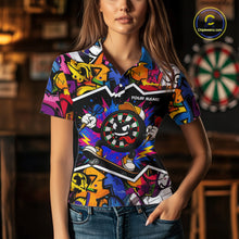 Load image into Gallery viewer, Female darts player wearing Graffiti Strike Dartboard jersey during dart league competition