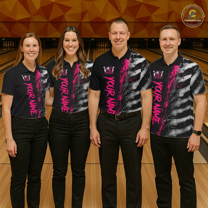 Bowling team wearing matching Pink Splatter Grey Bone polo and quarter-zip jerseys, personalized tournament uniforms, teamwork, resilience, breast cancer awareness, bowling league champions