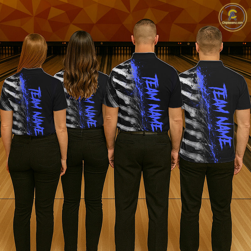 Bowling team wearing matching Blue Splatter Grey Bone polo and quarter-zip jerseys, personalized league uniforms, teamwork, precision, focus, competitive excellence