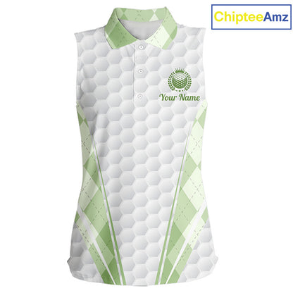Womens Sleeveless Golf Polo Shirt Argyle Pattern Golf Shirts For Womens Green Argyle And White Golf Ball Gifts NYN2906