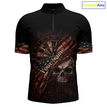 Red Grunge Retro American Flag Dartboard Men Dart 1/4-Zip Shirt Custom Skull Dart Team Jerseys NYN2542
