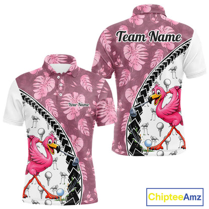 Golfing Flamingo Mens Golf Polo Shirt Custom Pink Pattern Monstera Golf Ball Clothes Shirts NYN2910