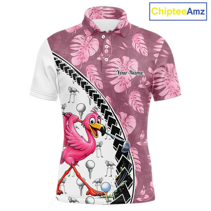 Golfing Flamingo Mens Golf Polo Shirt Custom Pink Pattern Monstera Golf Ball Clothes Shirts NYN2910