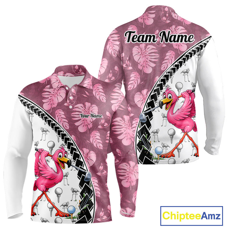 Golfing Flamingo Mens Golf Polo Shirt Custom Pink Pattern Monstera Golf Ball Clothes Shirts NYN2910