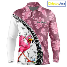 Load image into Gallery viewer, Golfing Flamingo Mens Golf Polo Shirt Custom Pink Pattern Monstera Golf Ball Clothes Shirts NYN2910