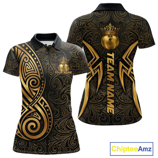 Black And Gold Crown Bowling Ball Polo & 1/4-Zip Shirts For Women Custom Tribal Bowling Team Jerseys NYN3124