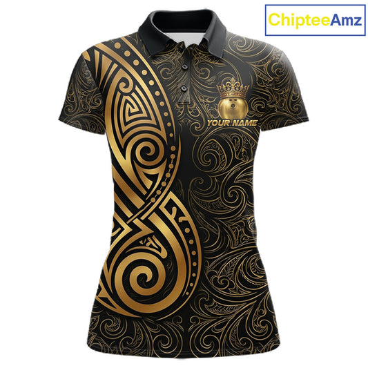 Black And Gold Crown Bowling Ball Polo & 1/4-Zip Shirts For Women Custom Tribal Bowling Team Jerseys NYN3124