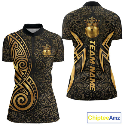 Black And Gold Crown Bowling Ball Polo & 1/4-Zip Shirts For Women Custom Tribal Bowling Team Jerseys NYN3124