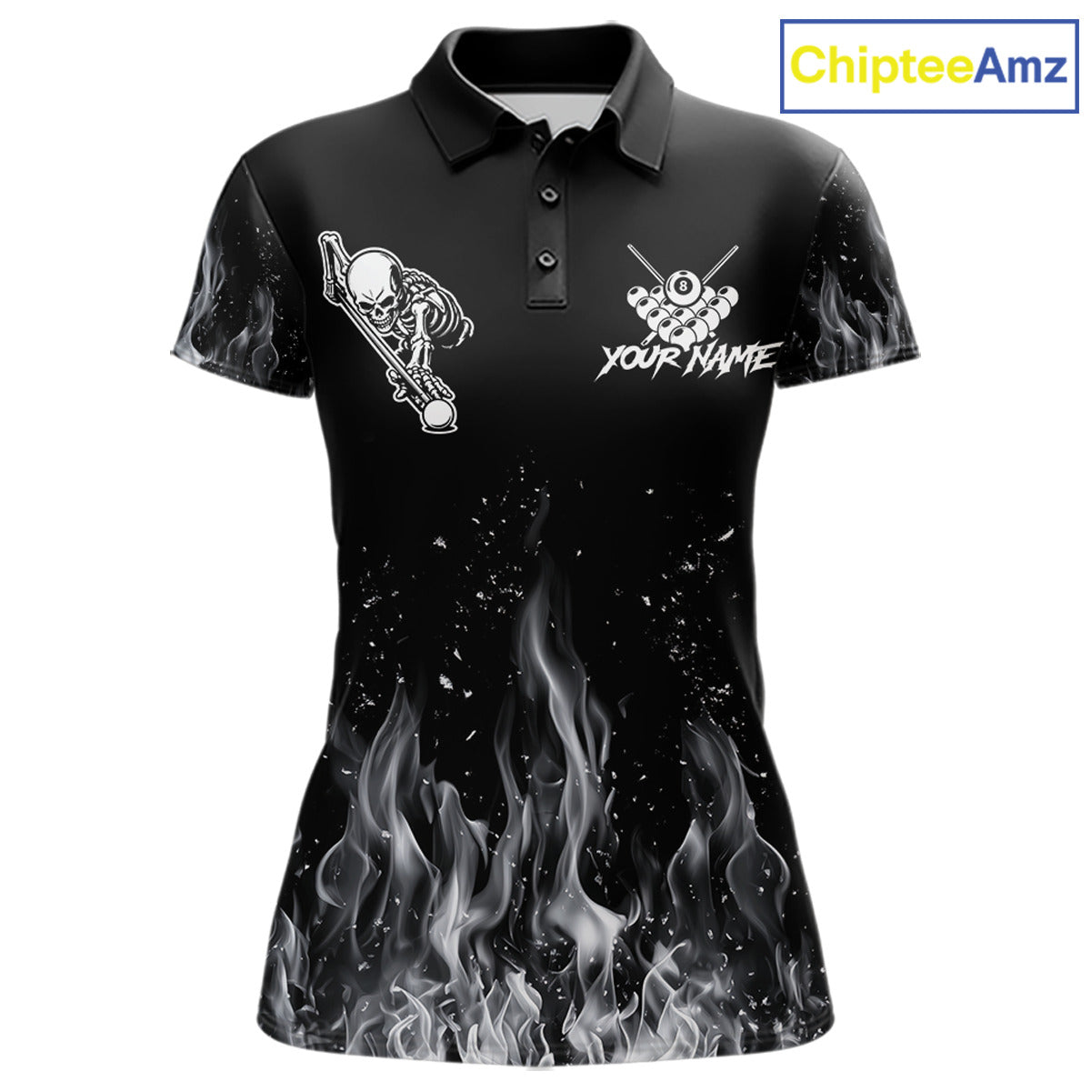 Grey Skeleton Play Pool Billiard Shirt For Women Custom Fire Flame Billiard Jersey, Billiards Gifts NYN3139