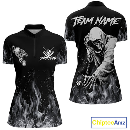 Grey Skeleton Play Pool Billiard Shirt For Women Custom Fire Flame Billiard Jersey, Billiards Gifts NYN3139