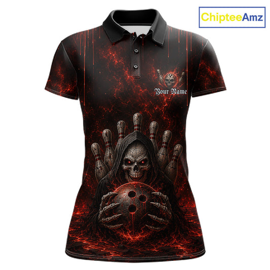 Custom Red Thunder Grim Reaper Women's Bowling Polo Shirt, Personalized Skull Bowling Team Jersey, Lightning Bowling League Apparel, Performance Polo, Gothic Sportswear, Halloween Theme, Victory, Strength, Precision, Bowling Tournament Uniform