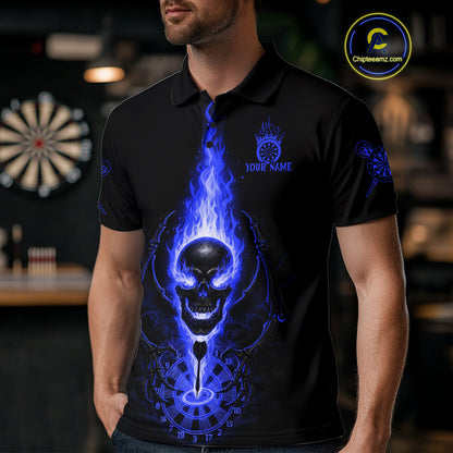 Skeleton Fire Flame Dartboard Custom Mens Polo Dart Shirt Blue Skull Dart Jerseys NYN1771