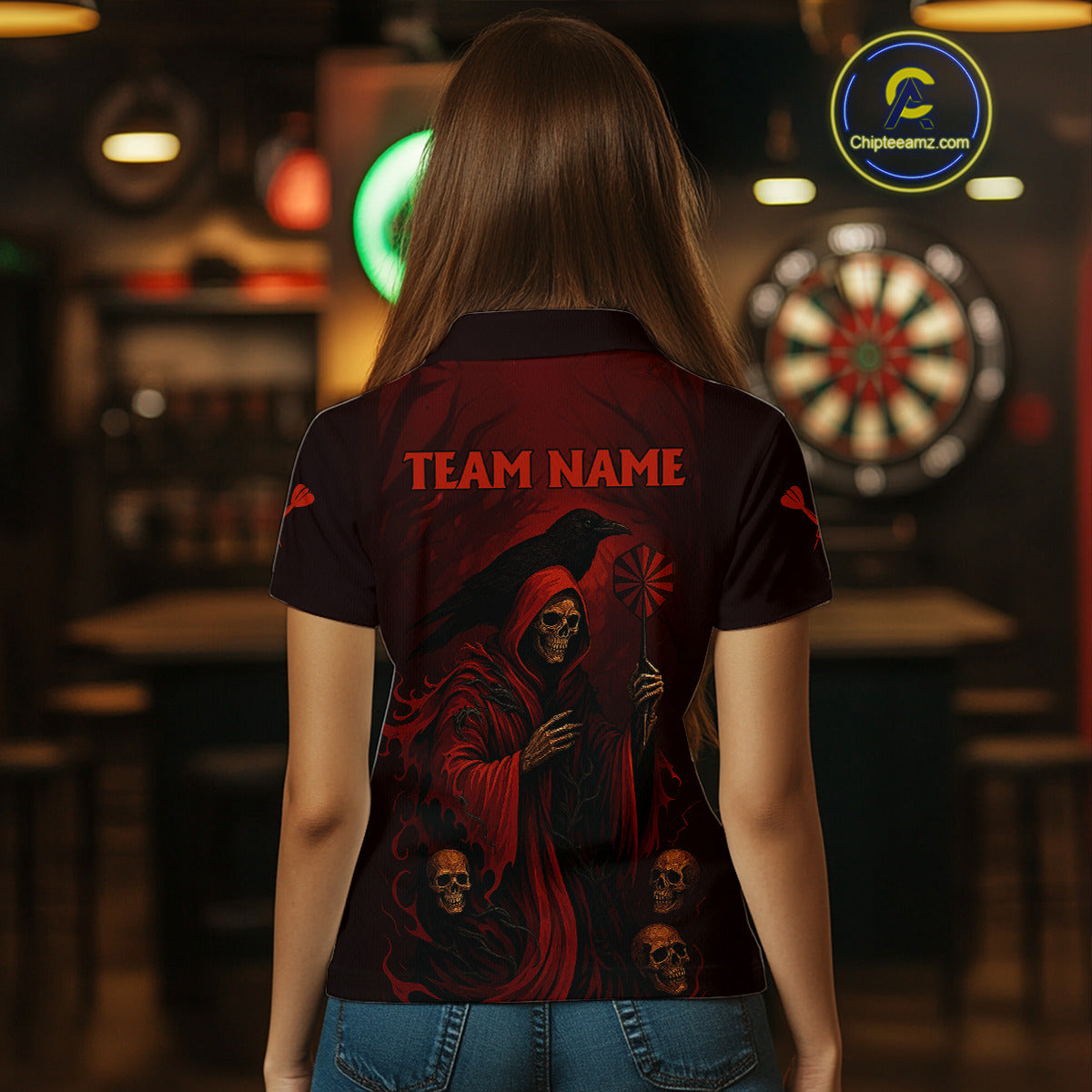 Custom Red Grim Reaper Grunge Skull Dart Arrow Dart Women Polo Shirt Dart Jerseys NYN1543