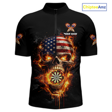 Load image into Gallery viewer, Personalized US Flag Skull Fire Flame Dartboard Men Darts 1/4-Zip Shirt Custom Darts Team Jersey NYN2585
