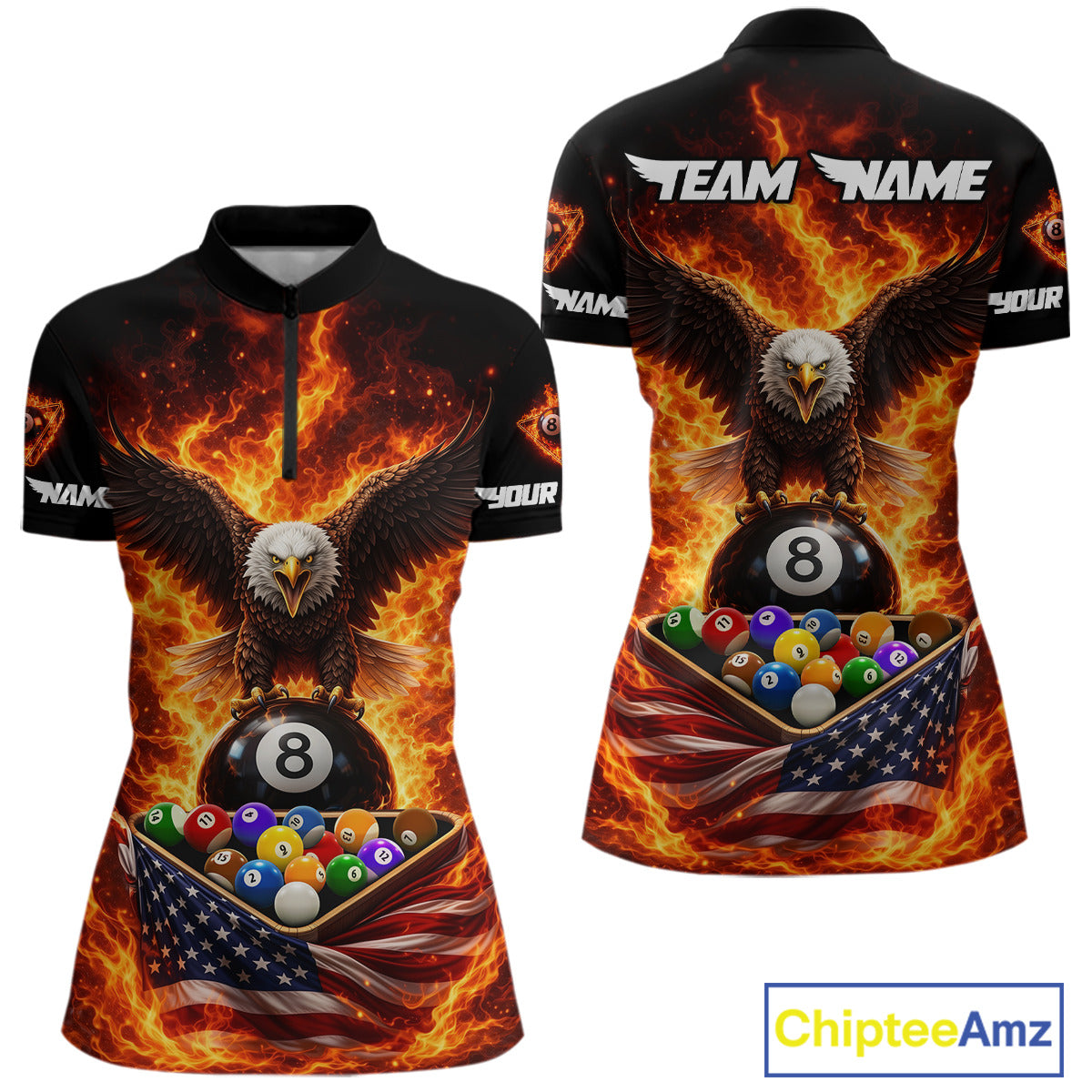 Fire Flame Eagle US Flag Pool Ball 3D Billiard Shirt For Women Personalized 8 Ball Billiard Attire NYN2587