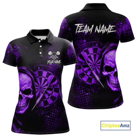 Purple Grunge Skull Dartboard & Arrow Women Darts Polo Shirt Personalized Darts Team Jerseys NYN2596