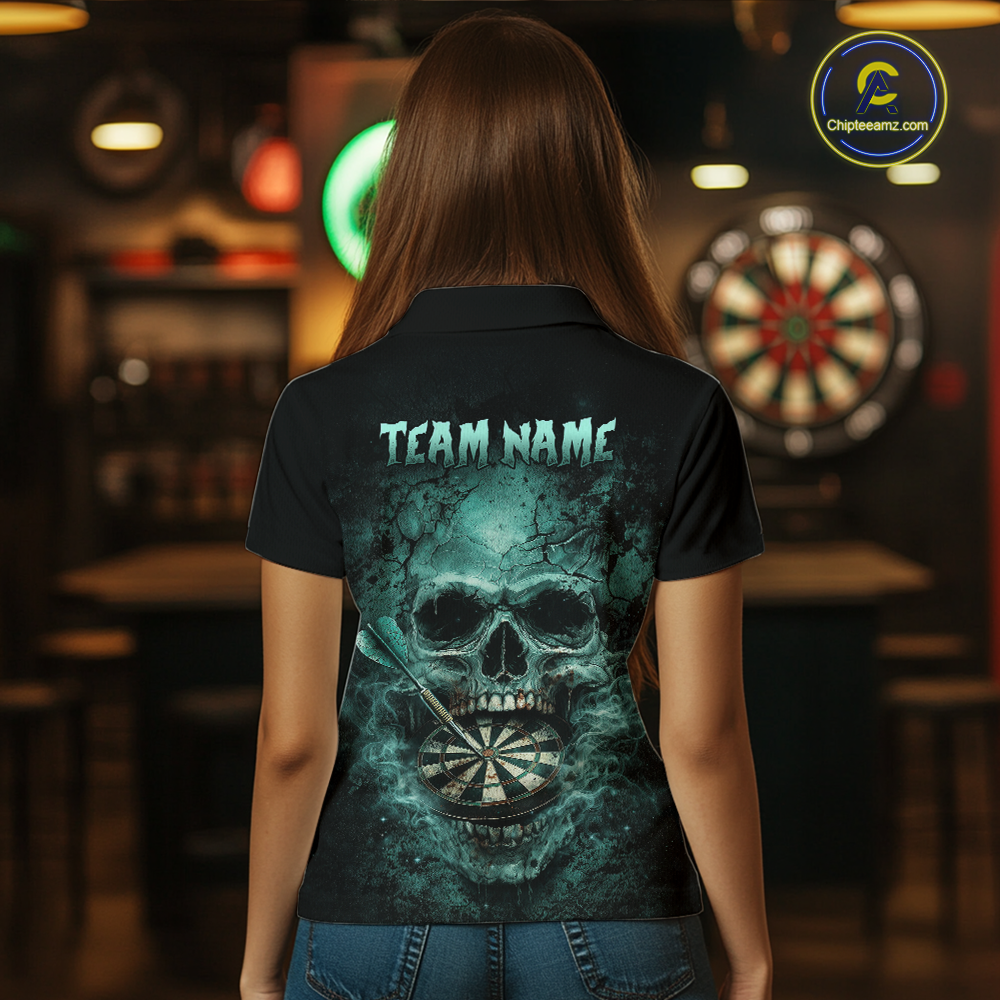 Cracked Grunge Teal Smokes Skull Dartboard Women Darts Polo Shirt Personalized Darts Team Jerseys NYN2598