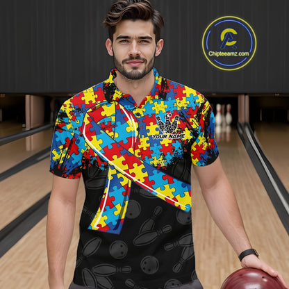 Personalized Colorful Autism Awareness Ribbon Bowling Shirt For Men Bowling Puzzles Team Jersey NYN3173