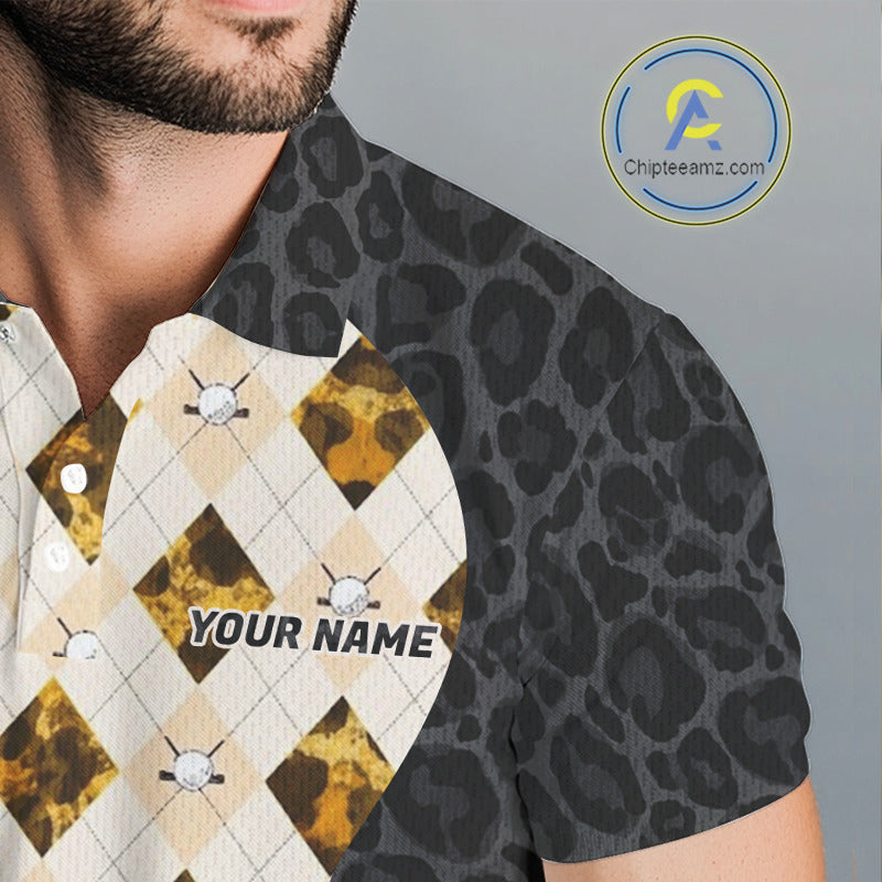 Black Leopard Mens Golf Polo Shirt Personalized Yellow Argyle Pattern Golf Team Outfits NYN3395
