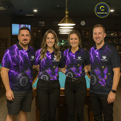 Men women billiard team wearing matching neon butterfly jerseys for APA league, BCA tournament and team competition, representing unity, transformation, confidence and championship spirit.