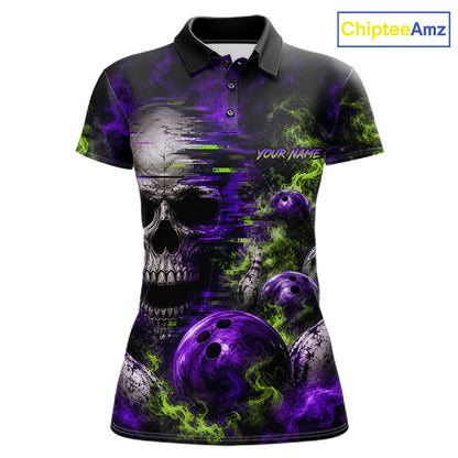 Custom Green & Purple Smoke Skull Bowling Shirts For Women Retro Skull Bowling Tournament Shirt NYN3945