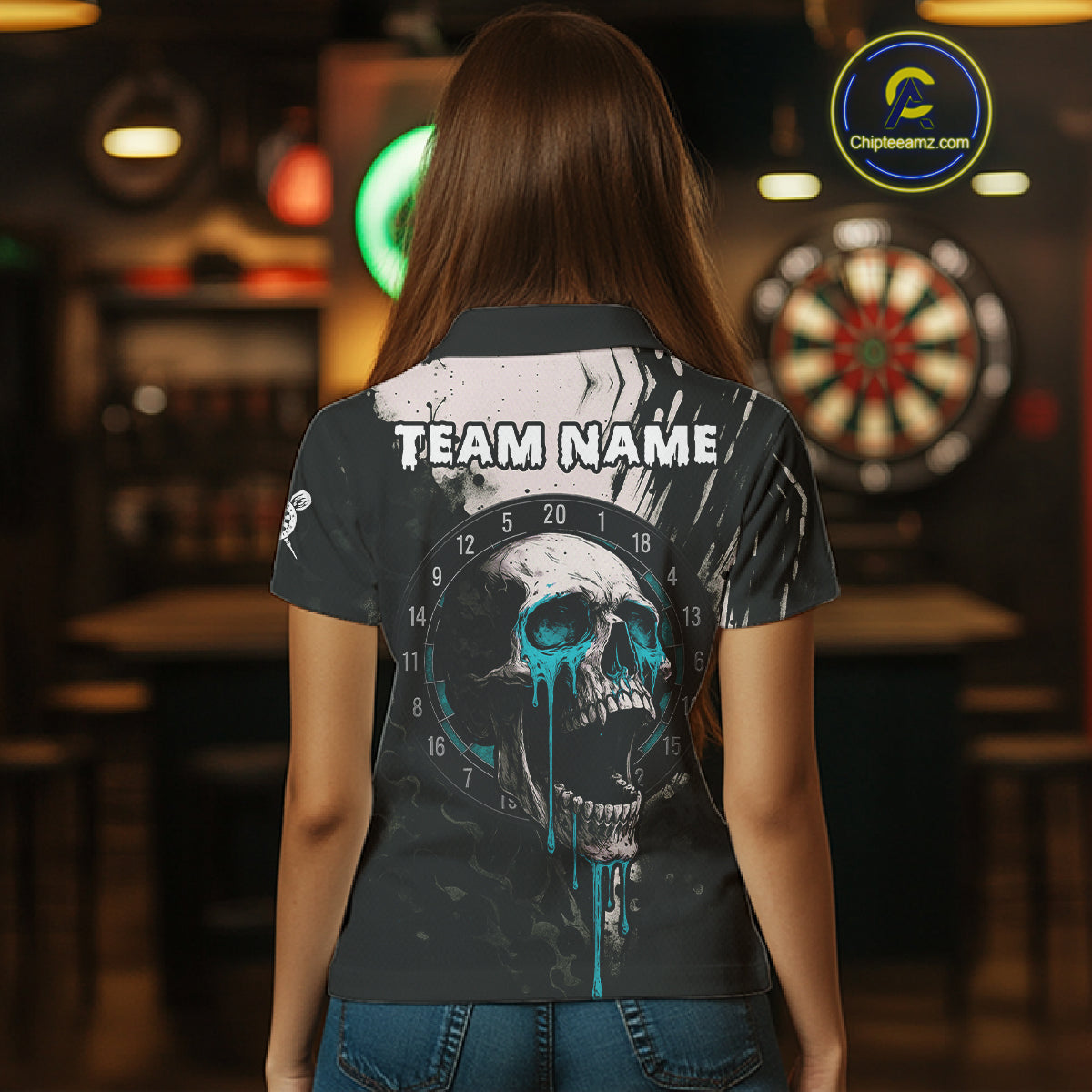 Custom Black Turquoise Dripping Skull Dartboard Dart Women Polo Shirt Grunge Dart Jerseys NYN1564