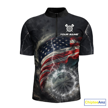 Custom American Flag Tornado White Thunder Darts Men Polo & 1/4-Zip Shirts Dart Team Jerseys NYN2807