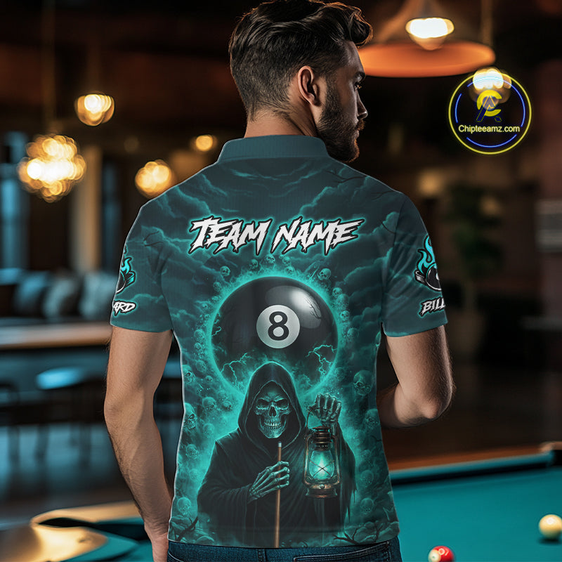 Teal Thunder Grim Reaper 8 Ball Pool Men Polo & 1/4-Zip Shirt Custom Billiard Ball & Cue Gifts NYN2436