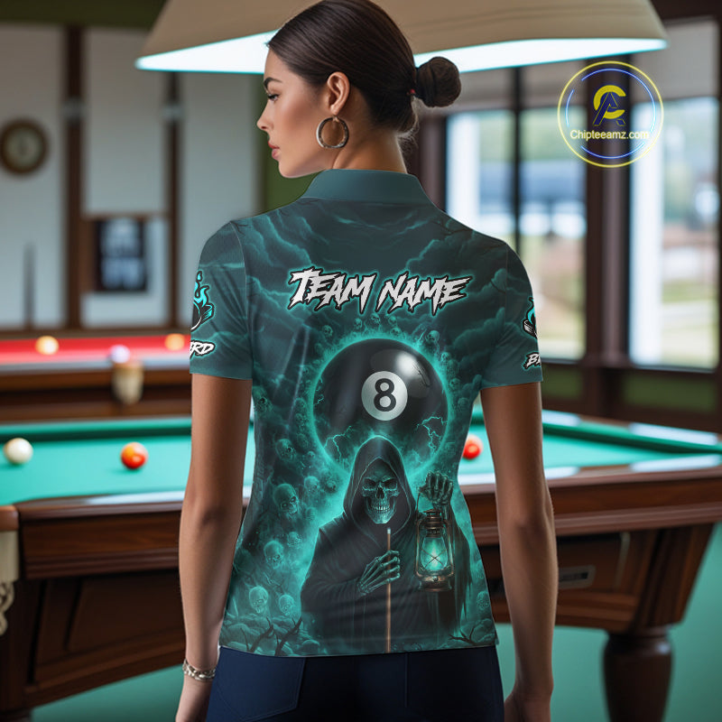 Teal Thunder Grim Reaper 8 Ball Pool Women Polo & 1/4-Zip Shirt Custom Billiard Ball & Cue Gifts NYN2436