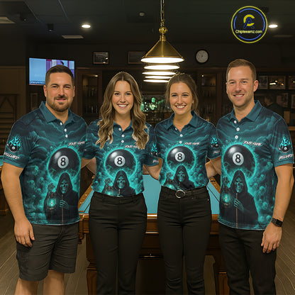 Teal Thunder Grim Reaper 8 Ball Pool Men Polo & 1/4-Zip Shirt Custom Billiard Ball & Cue Gifts NYN2436