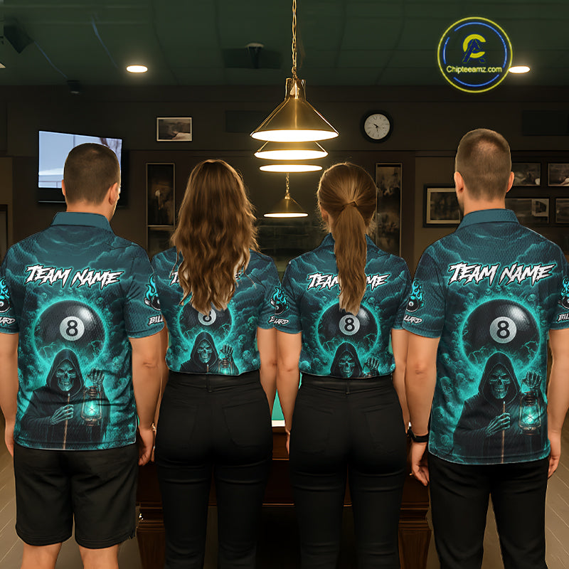 Teal Thunder Grim Reaper 8 Ball Pool Men Polo & 1/4-Zip Shirt Custom Billiard Ball & Cue Gifts NYN2436