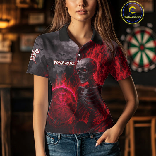 Custom Grey And Red Flames Dartboard Skeleton Dart Women  Polo Shirt Dart Team Jerseys NYN1629