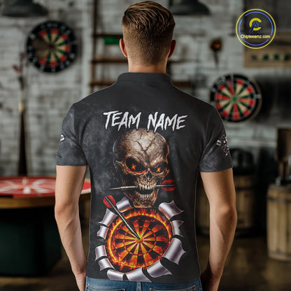 Custom Smoke Grunge Skull Torn Fire Flame Darts Polo & Quarter-Zip Shirts For Men Dart Team Jerseys NYN2822