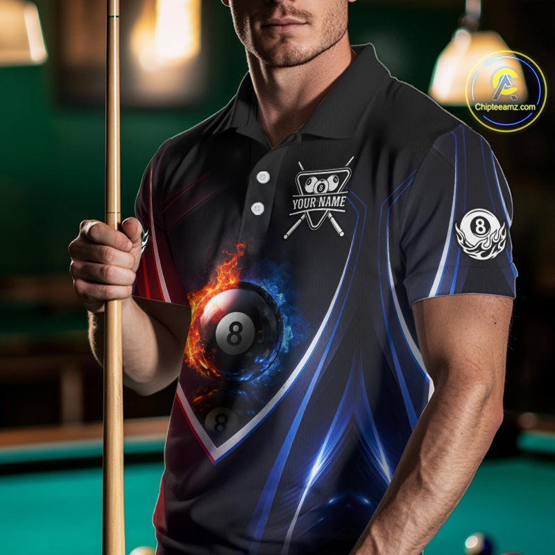Blue And Red Flames 8 Ball Pool Men Polo & 1/4-Zip Team Shirts Custom Billiards Ball Apparel NYN2457