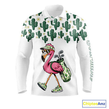 Personalized Green Cactus Flower Pattern Mens Golf Polo Shirts Custom Funny Flaming Golf Shirt NYN2837