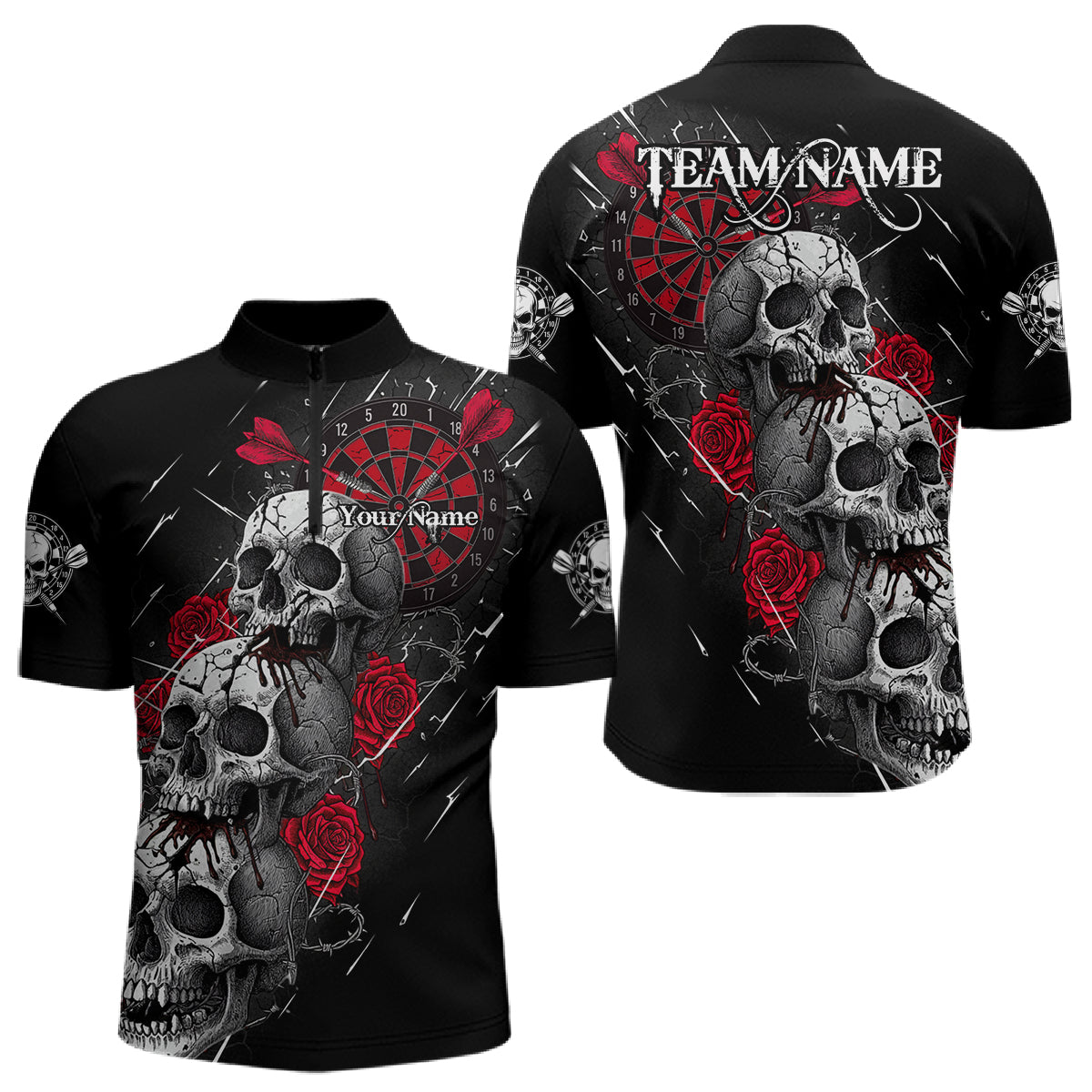 Custom Red Roses Blood Dripping Skull Dartboard Men Darts Quarter-Zip Shirt  Dart Jerseys NYN1927