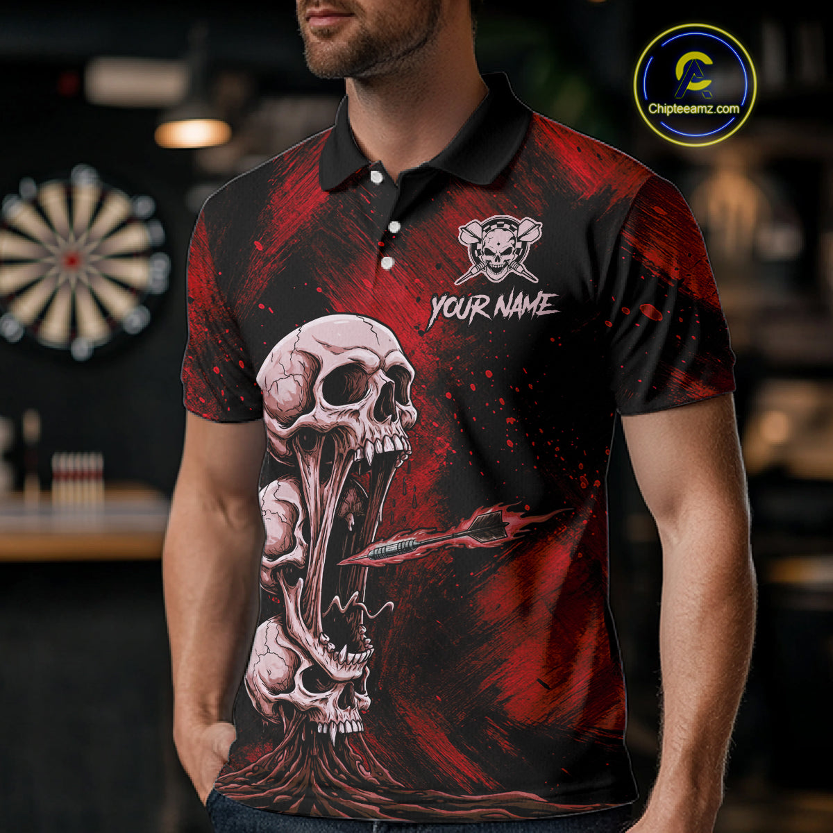 Custom Red Grunge Creepy Skull Flame Dart Arrow Men Darts Polo Shirt Dart Jerseys NYN1939