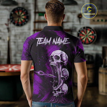 Custom Purple Grunge Creepy Skull Flame Dart Arrow Men Darts Polo Shirt Dart Jerseys NYN1940
