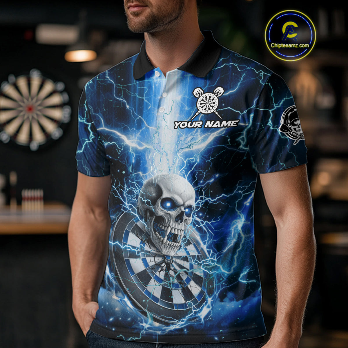 Custom Lightning Blue Skull Cracked Dartboard Dart Men Polo Jerseys Outfits Dart Shirt NYN1685